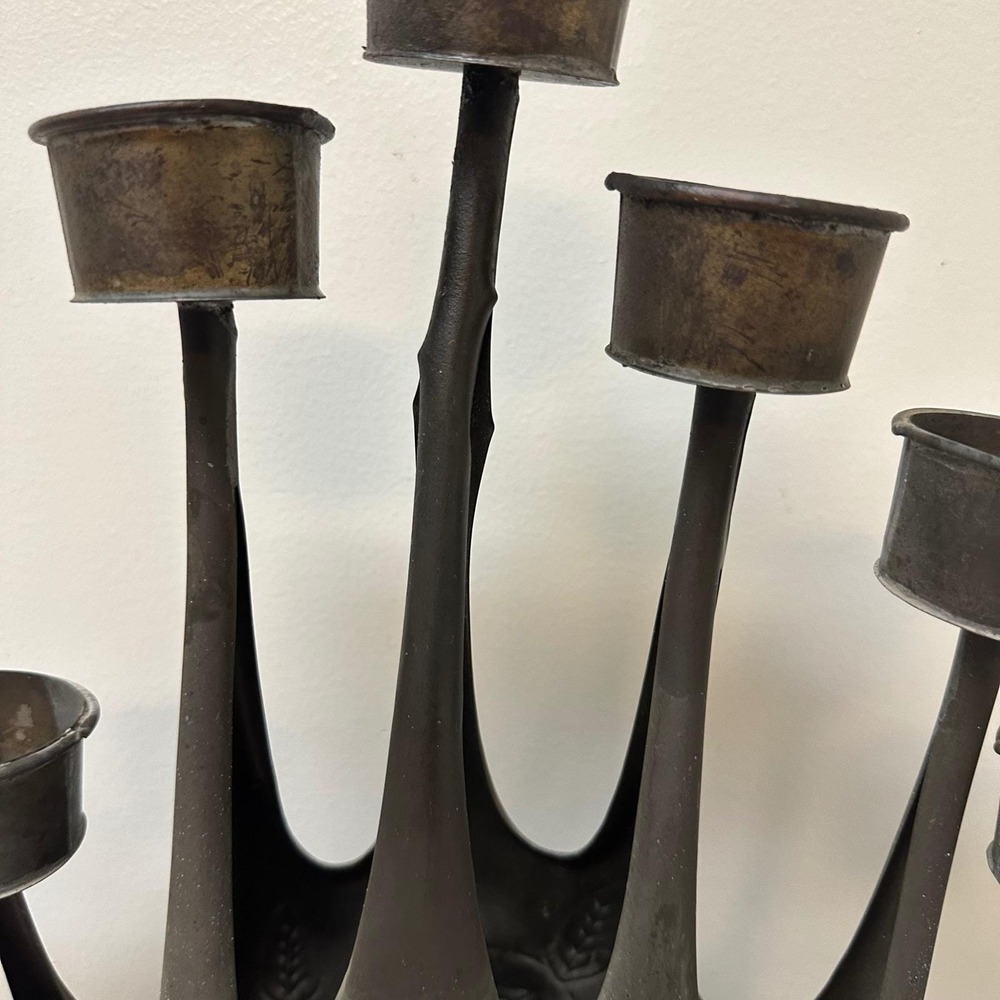 Vtg Gene Byron Mexican Brutalist 7 Cup Candelabra Bird Floral Brass Sculpture - Picture 4 of 13